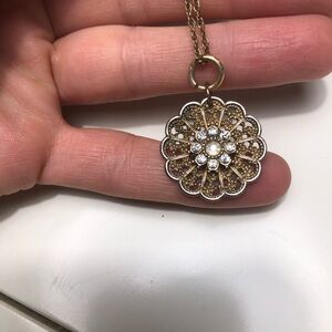 Vintage Filigree Gold and Rhinestones Circular Pendant Necklace on a 9” Chain